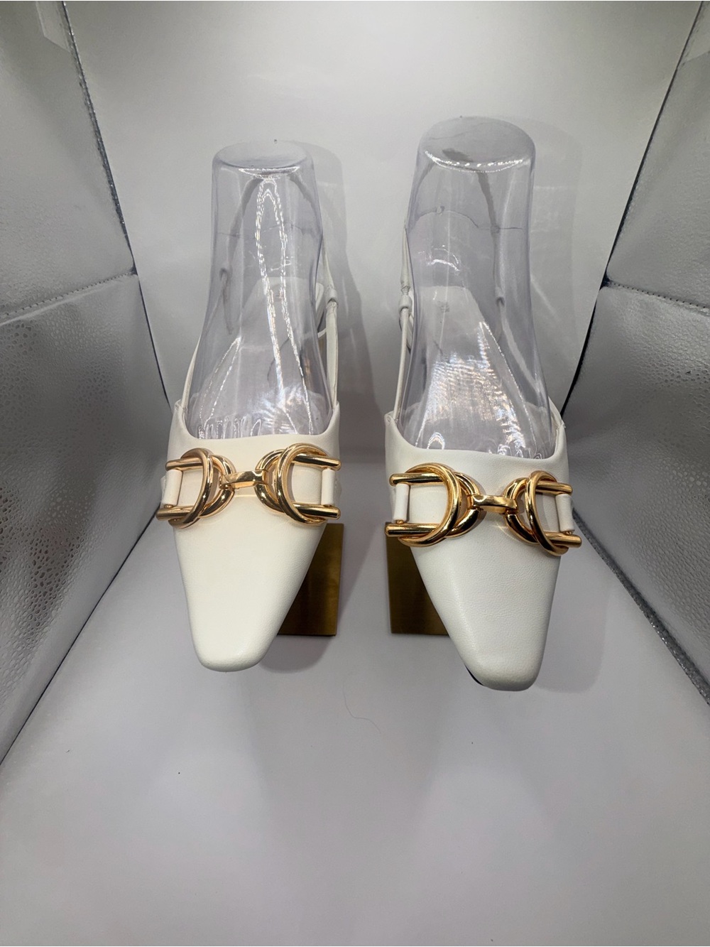 Zara White Pointed Slingback Mules with Gold Chain Detail